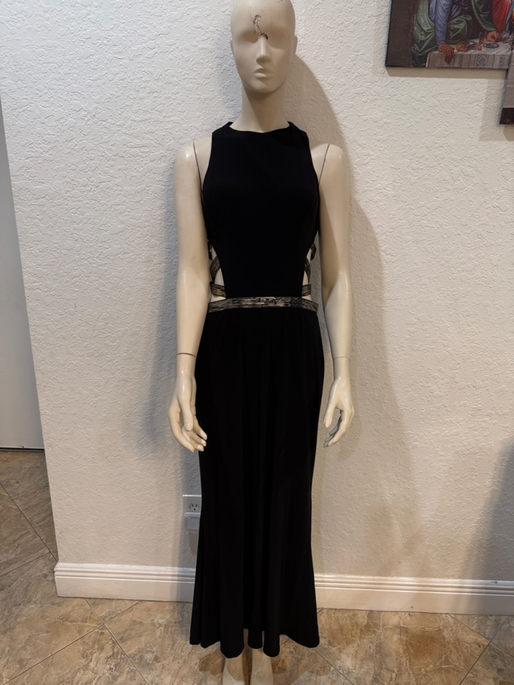 Faviana Black Maxi Dress with Metallic Gold Elastic Waist Trim